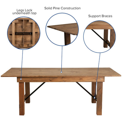 7' x 40'' Antique Folding Farm Table Set with 8 Cross Back Chairs and Cushions