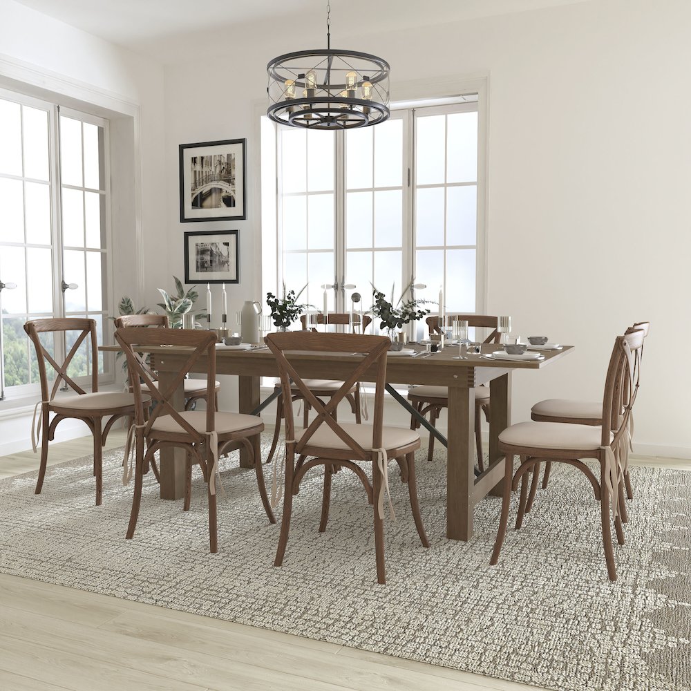 7' x 40'' Antique Folding Farm Table Set with 8 Cross Back Chairs and Cushions