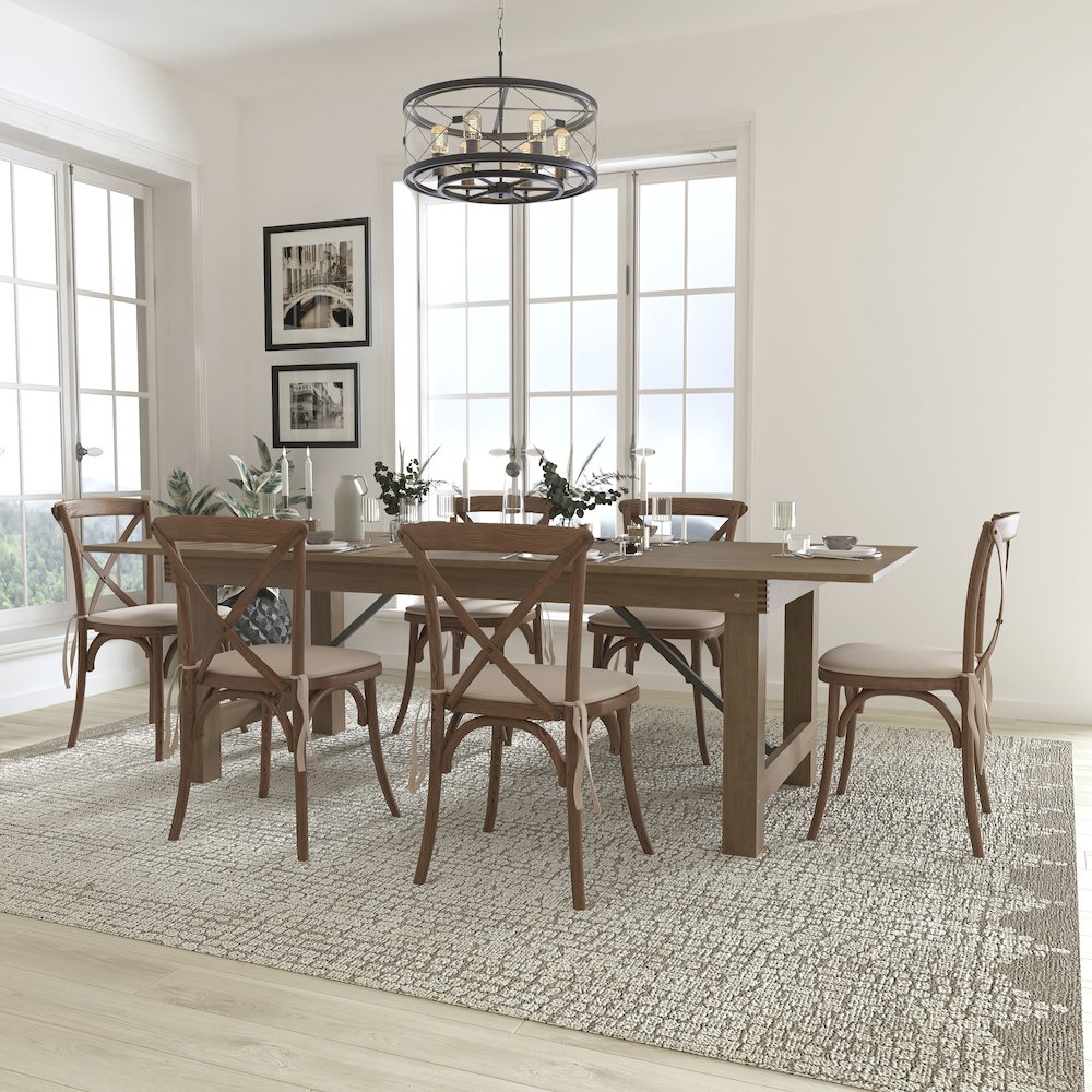 8' x 40'' Antique Folding Farm Table Set with 6 Cross Back Chairs and Cushions