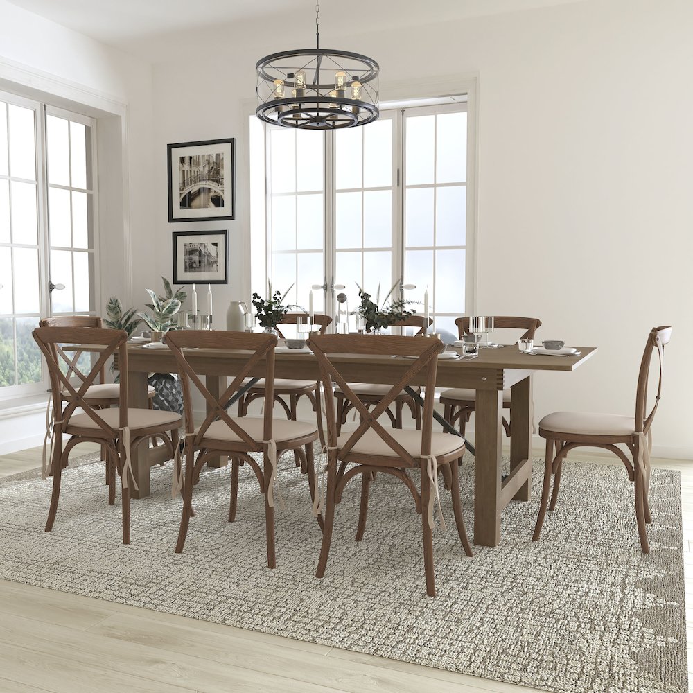 8' x 40'' Antique Folding Farm Table Set with 8 Cross Back Chairs and Cushions