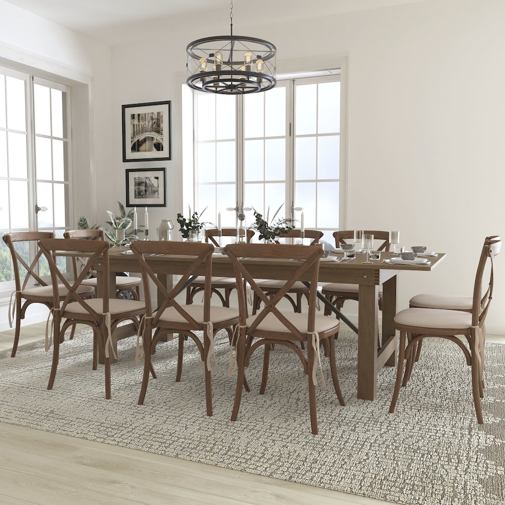 8' x 40'' Antique Folding Farm Table Set with 10 Cross Back Chairs and Cushions