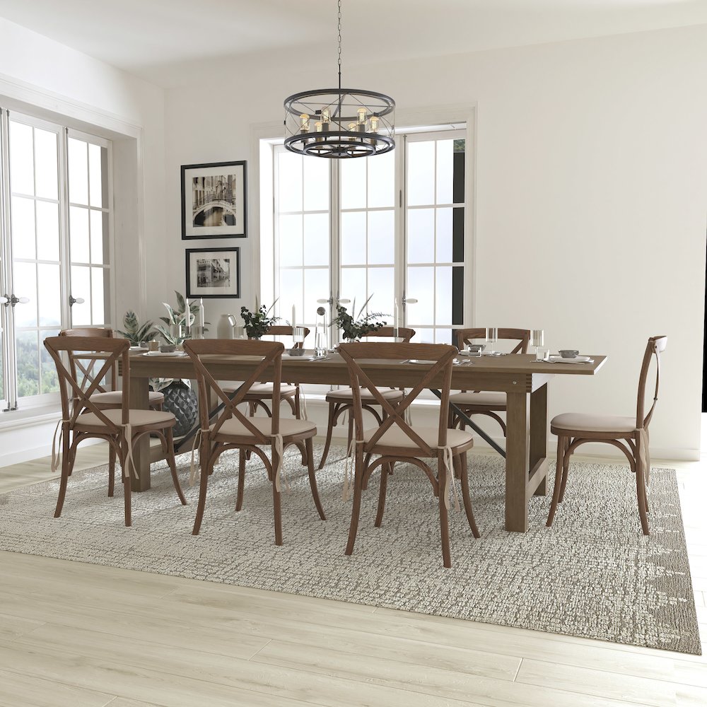 9' x 40'' Antique Folding Farm Table Set with 8 Cross Back Chairs and Cushions