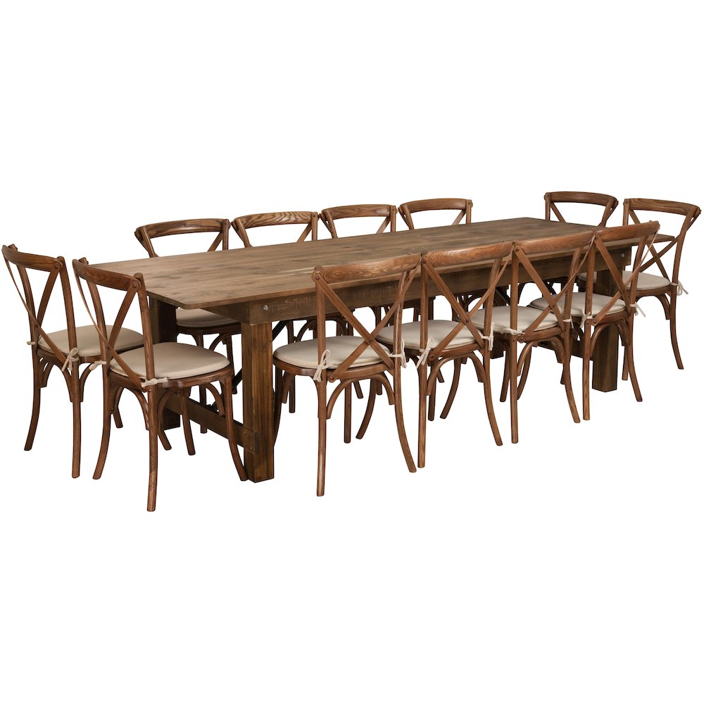 9' x 40'' Antique Folding Farm Table Set with 12 Cross Back Chairs and Cushions