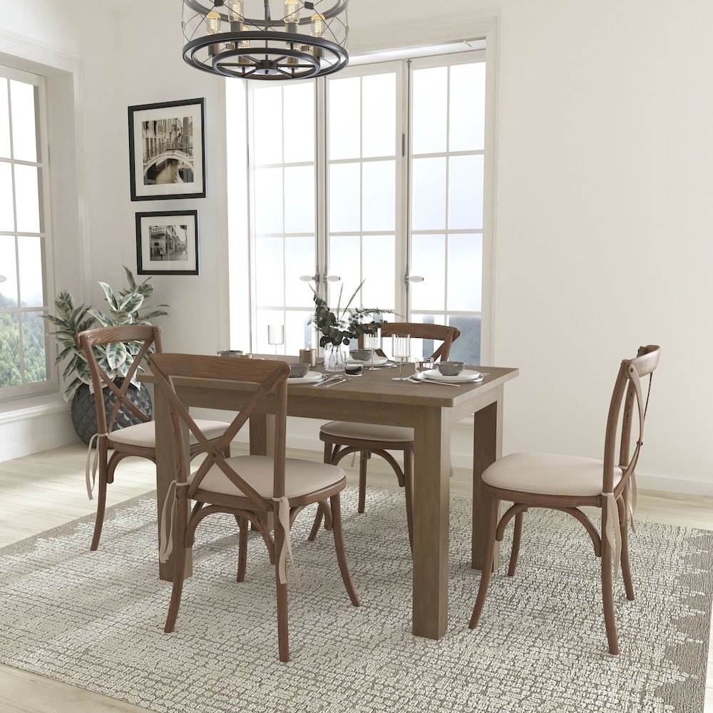 46" x 30" Antique Rustic Farm Table Set with 4 Cross Back Chairs and Cushions