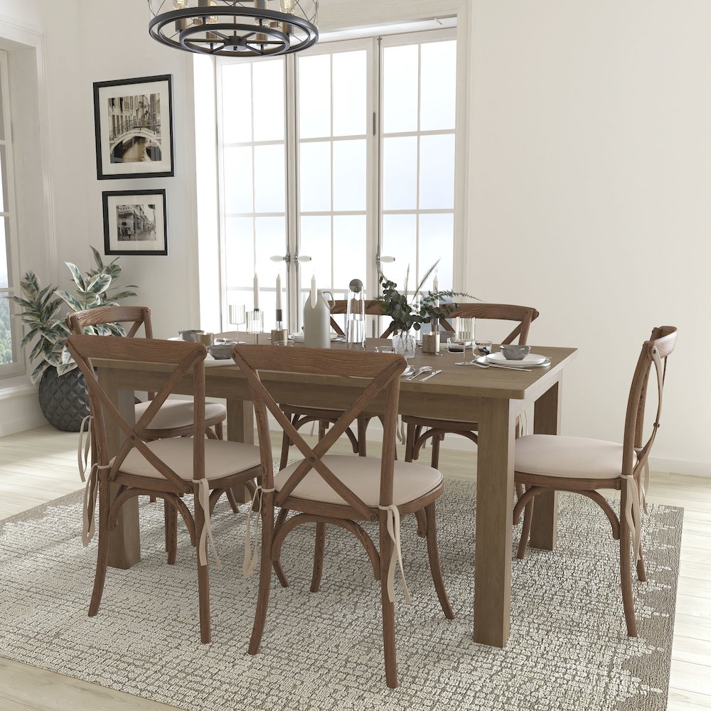 60" x 38" Antique Rustic Farm Table Set with 6 Cross Back Chairs and Cushions