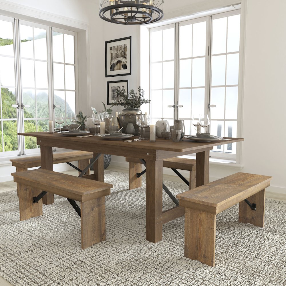 7' x 40'' Antique Rustic Folding Farm Table and Four Bench Set