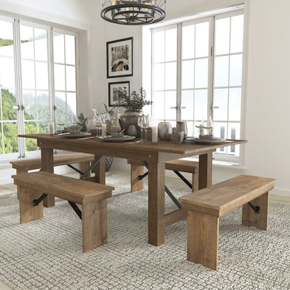 7' x 40'' Antique Rustic Folding Farm Table and Four Bench Set
