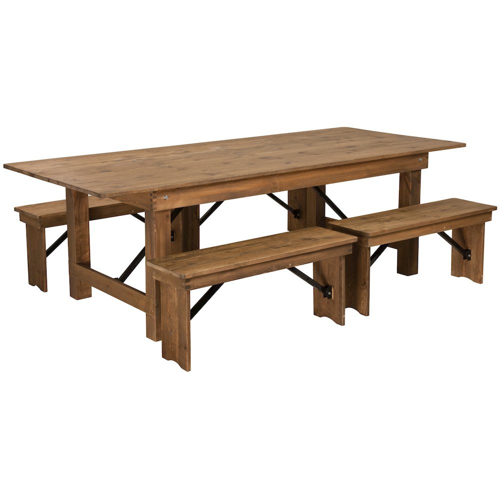 8' x 40'' Antique Rustic Folding Farm Table and Four 40.25"L Bench Set
