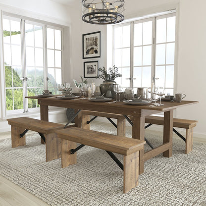 8' x 40'' Antique Rustic Folding Farm Table and Four 40.25"L Bench Set