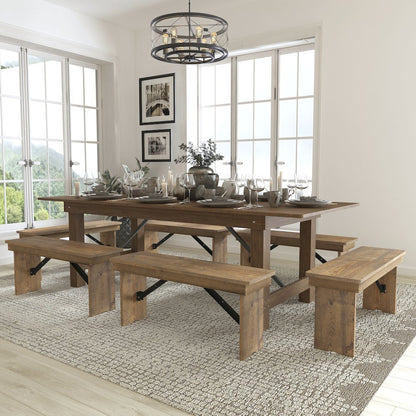 8' x 40'' Antique Rustic Folding Farm Table and Six Bench Set