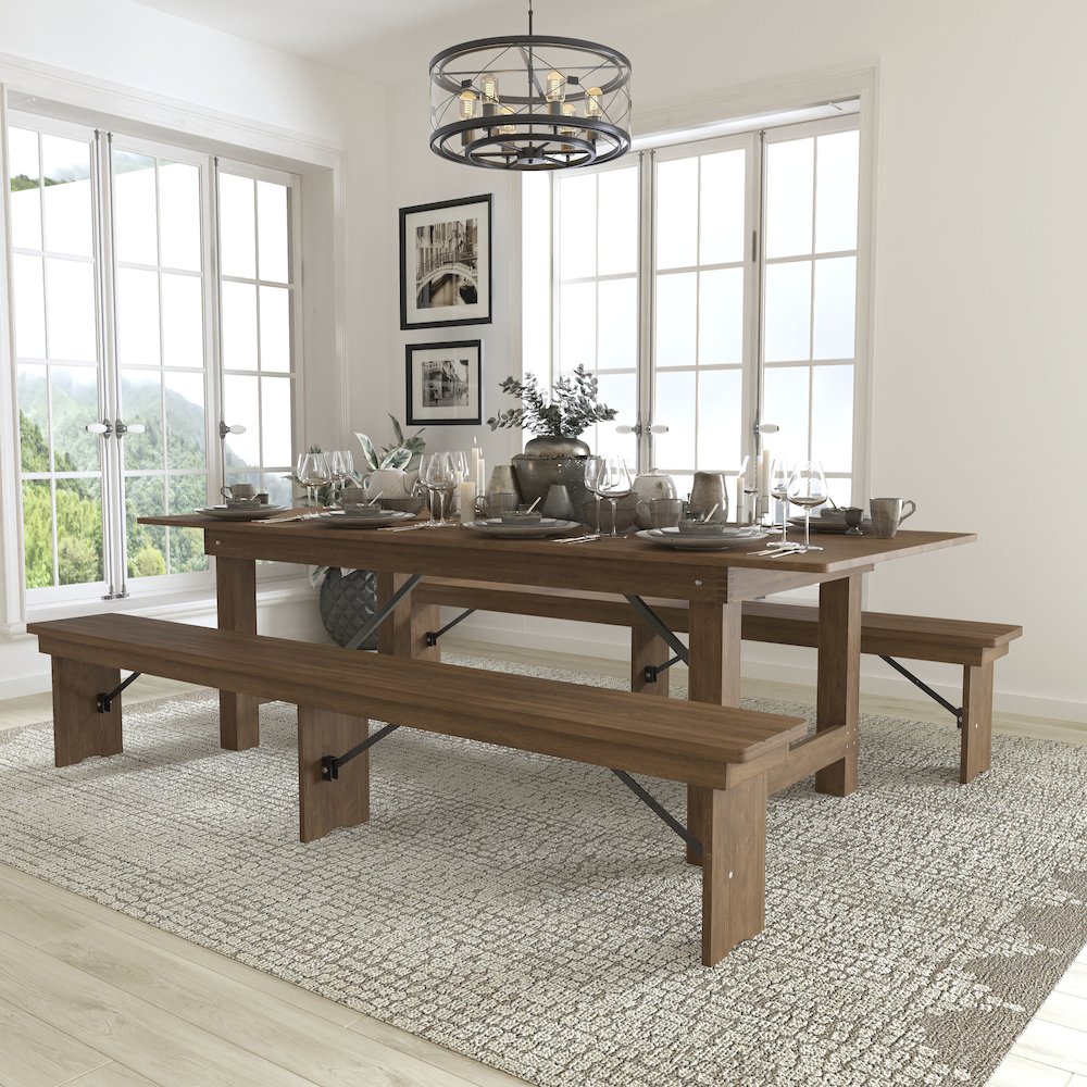 8' x 40'' Antique Rustic Folding Farm Table and Two Bench Set