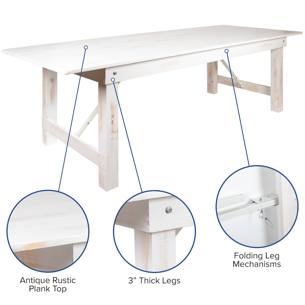 8' x 40" Antique Rustic White Folding Farm Table and Two Bench Set