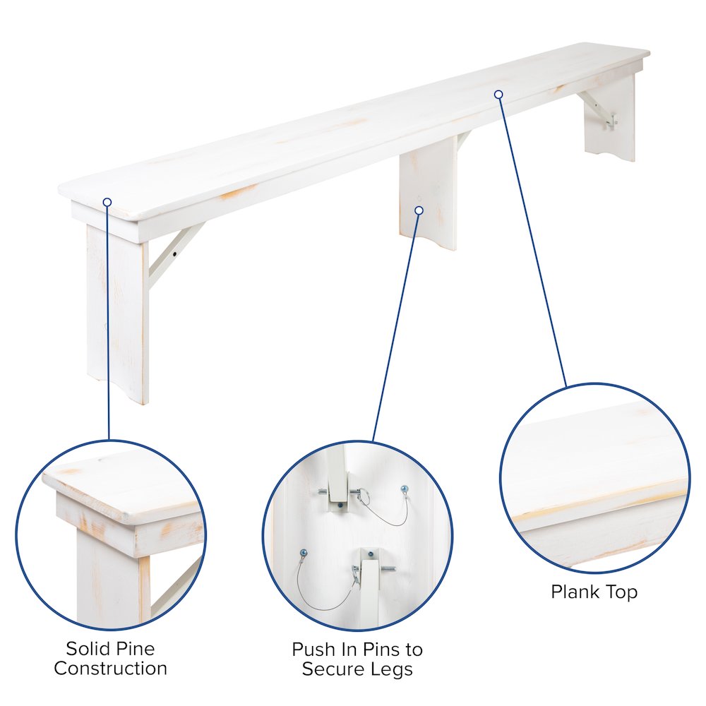 8' x 40" Antique Rustic White Folding Farm Table and Two Bench Set