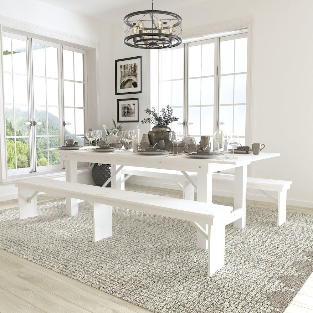 8' x 40" Antique Rustic White Folding Farm Table and Two Bench Set