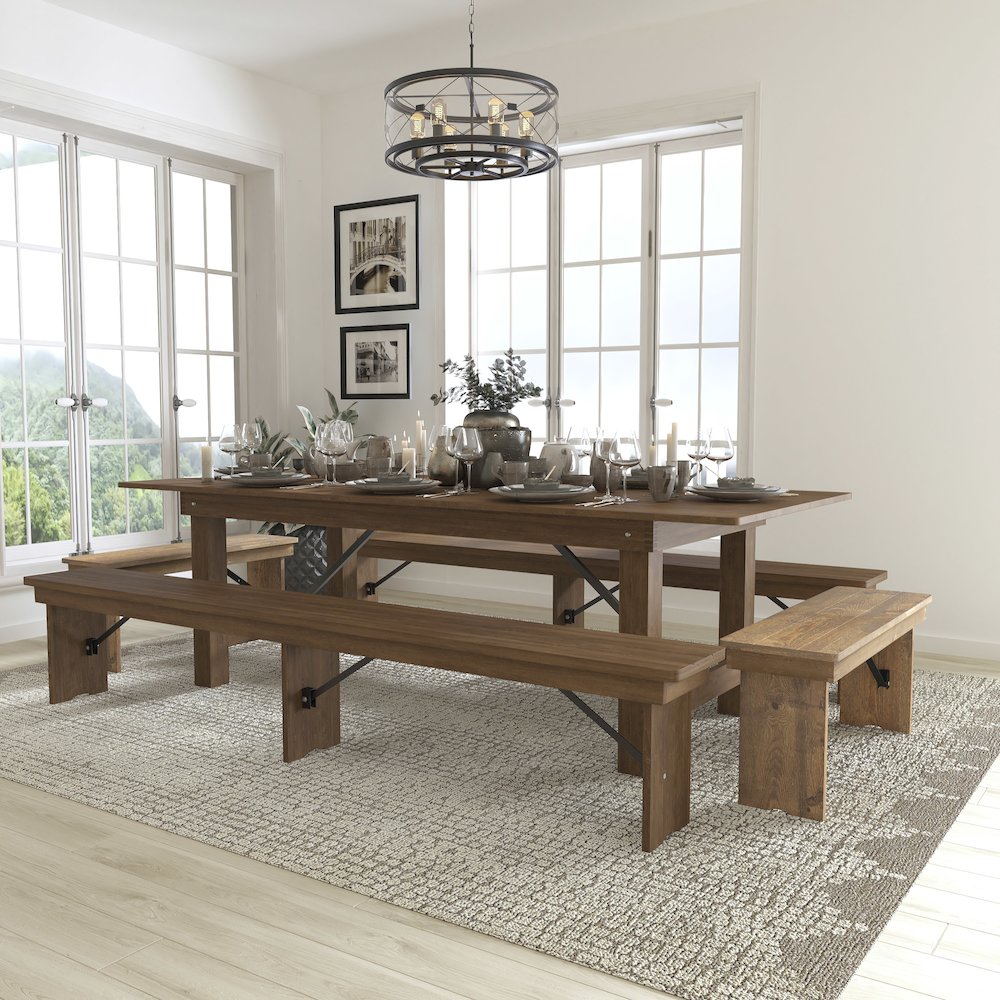 8' x 40'' Antique Rustic Folding Farm Table and Four Bench Set