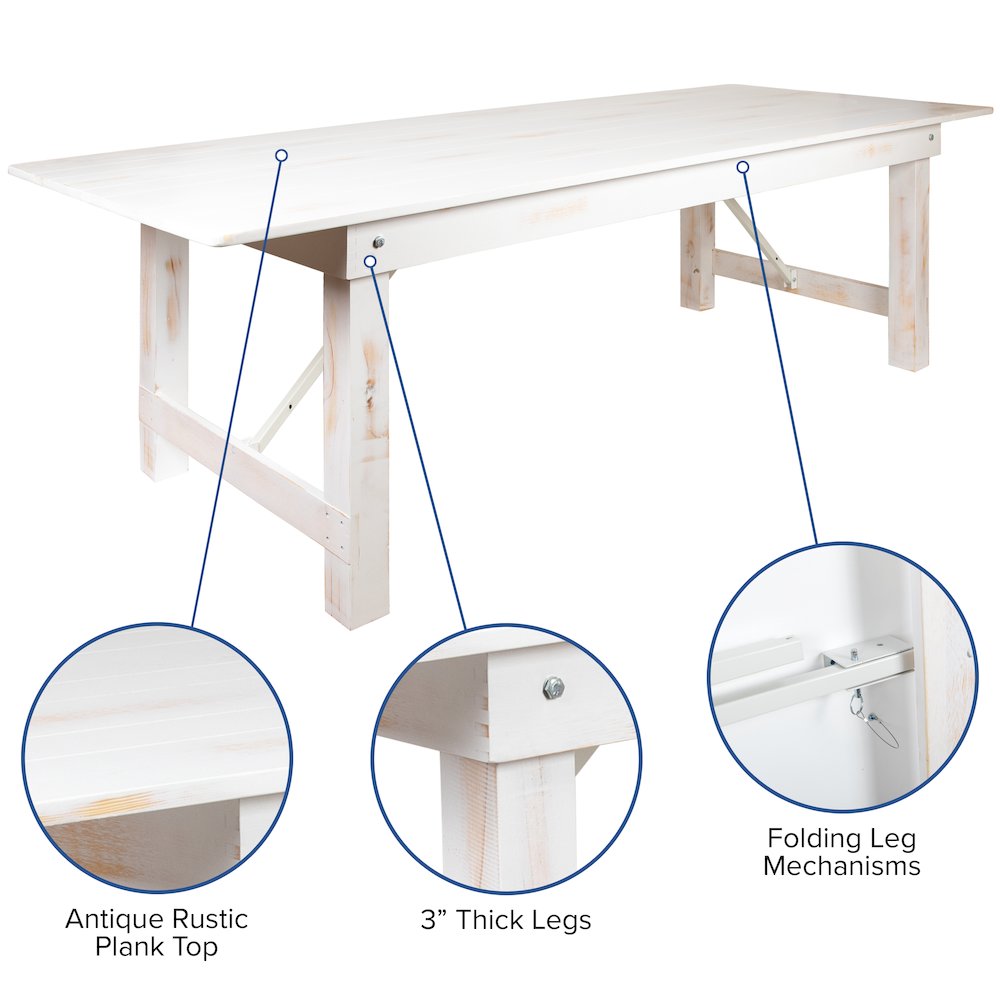 9' x 40" Antique Rustic White Folding Farm Table and Two Bench Set