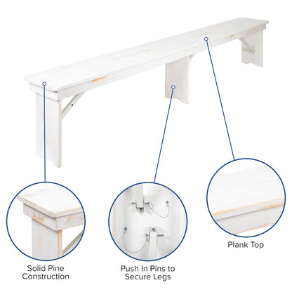 9' x 40" Antique Rustic White Folding Farm Table and Two Bench Set
