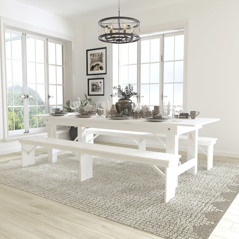 9' x 40" Antique Rustic White Folding Farm Table and Two Bench Set