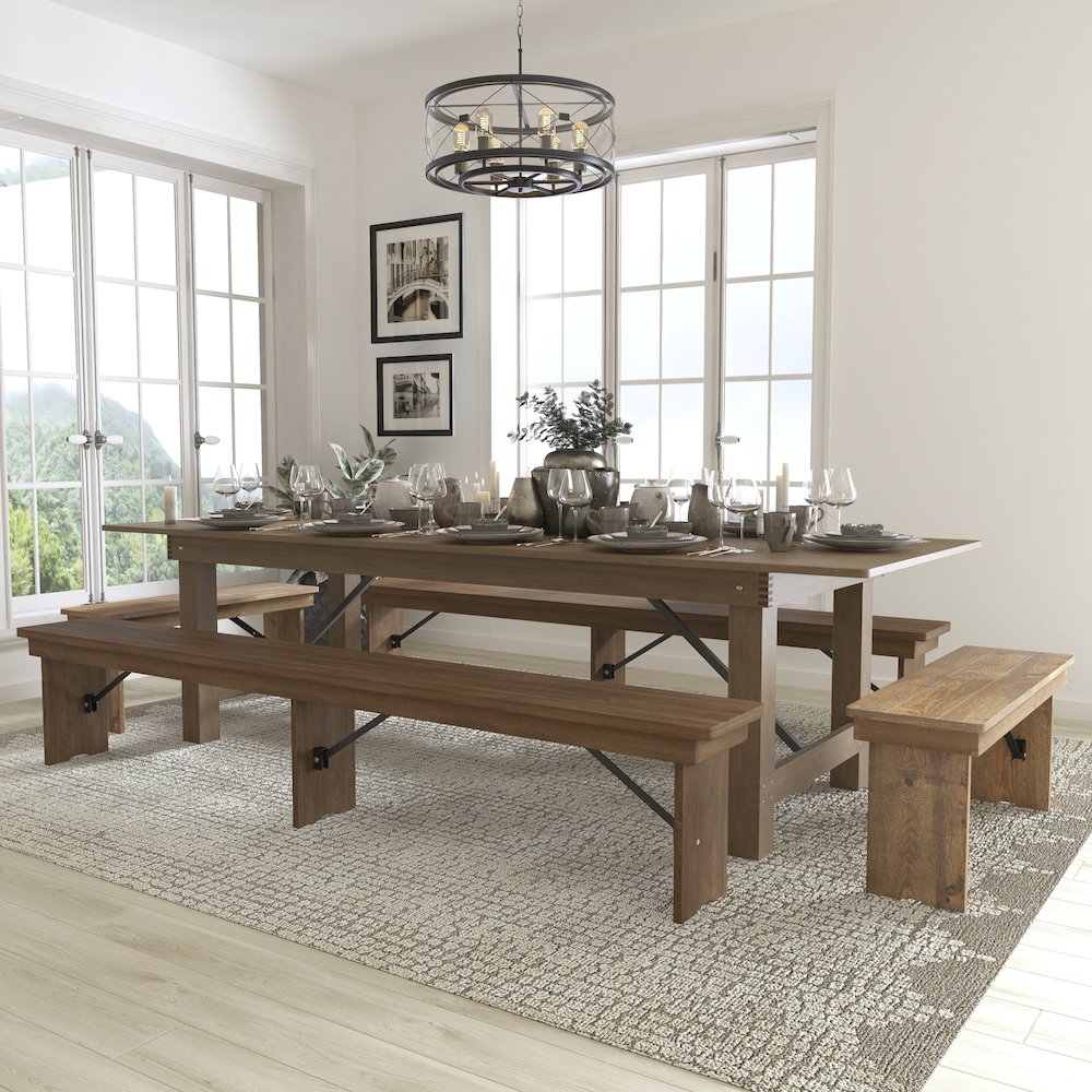 9' x 40'' Antique Rustic Folding Farm Table and Four Bench Set