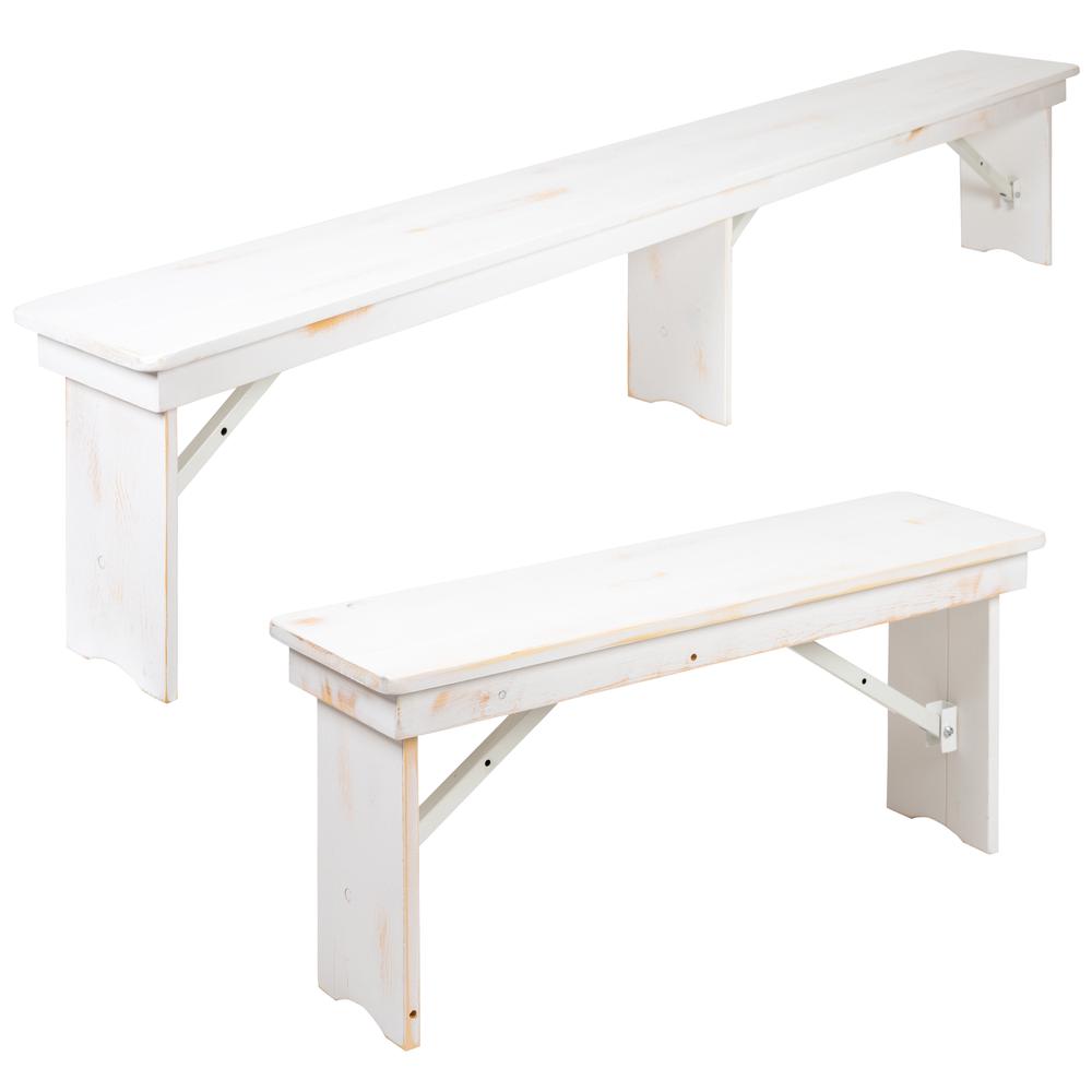 HERCULES Series 9' x 40" Antique Rustic White Folding Farm Table and Four Bench Set