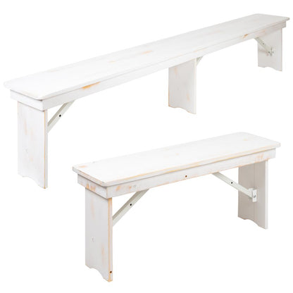 HERCULES Series 9' x 40" Antique Rustic White Folding Farm Table and Four Bench Set
