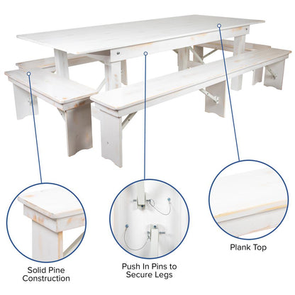 HERCULES Series 9' x 40" Antique Rustic White Folding Farm Table and Four Bench Set