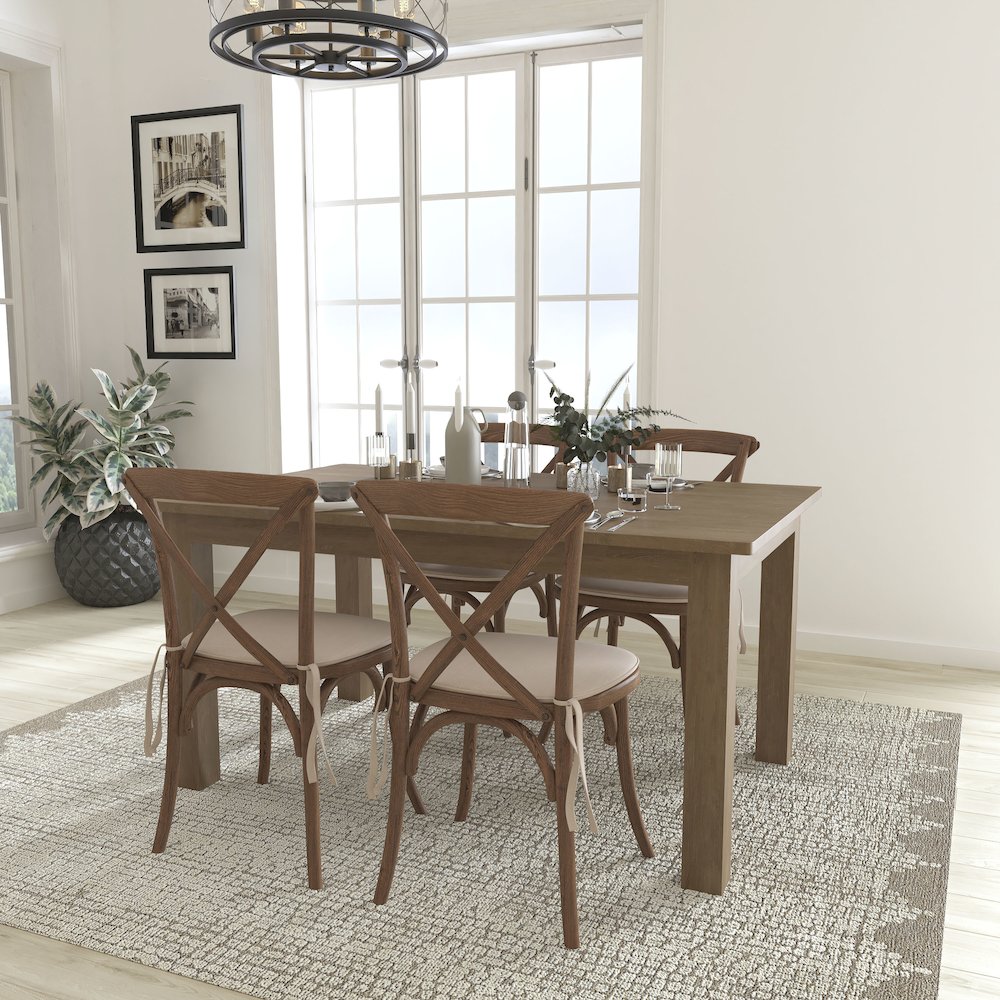 7' x 40'' Antique Folding Farm Table Set with 4 Cross Back Chairs and Cushions