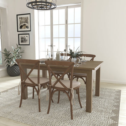 7' x 40'' Antique Folding Farm Table Set with 4 Cross Back Chairs and Cushions
