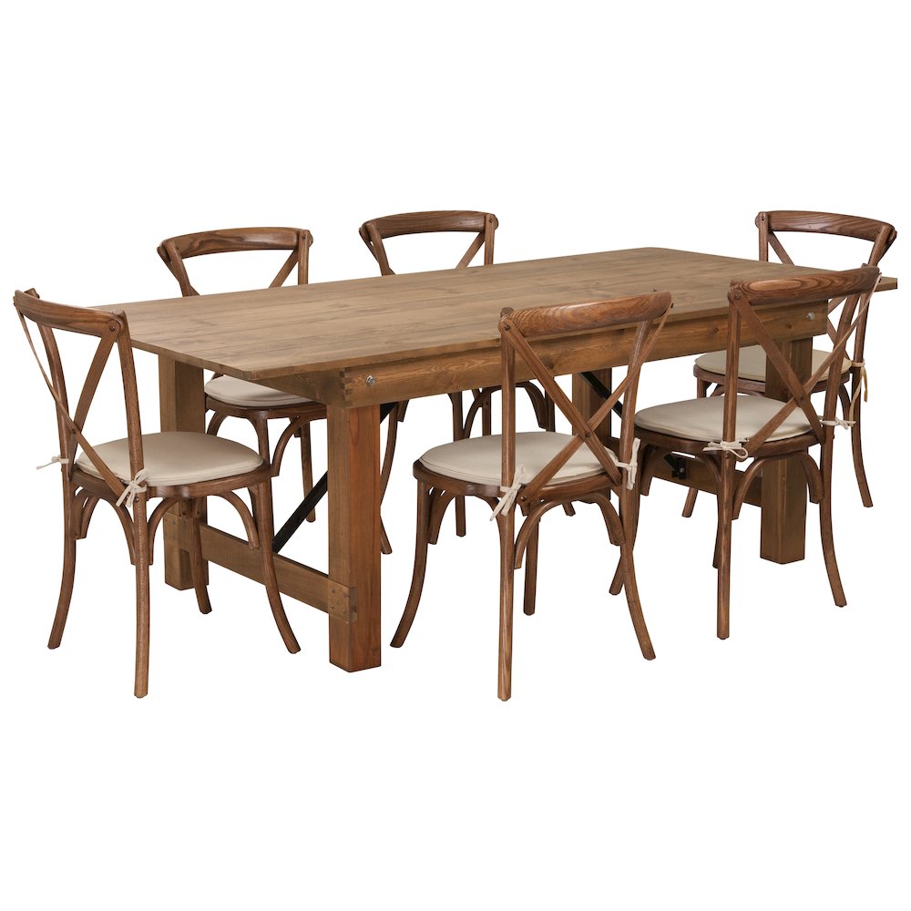 7' x 40'' Antique Folding Farm Table Set with 6 Cross Back Chairs and Cushions