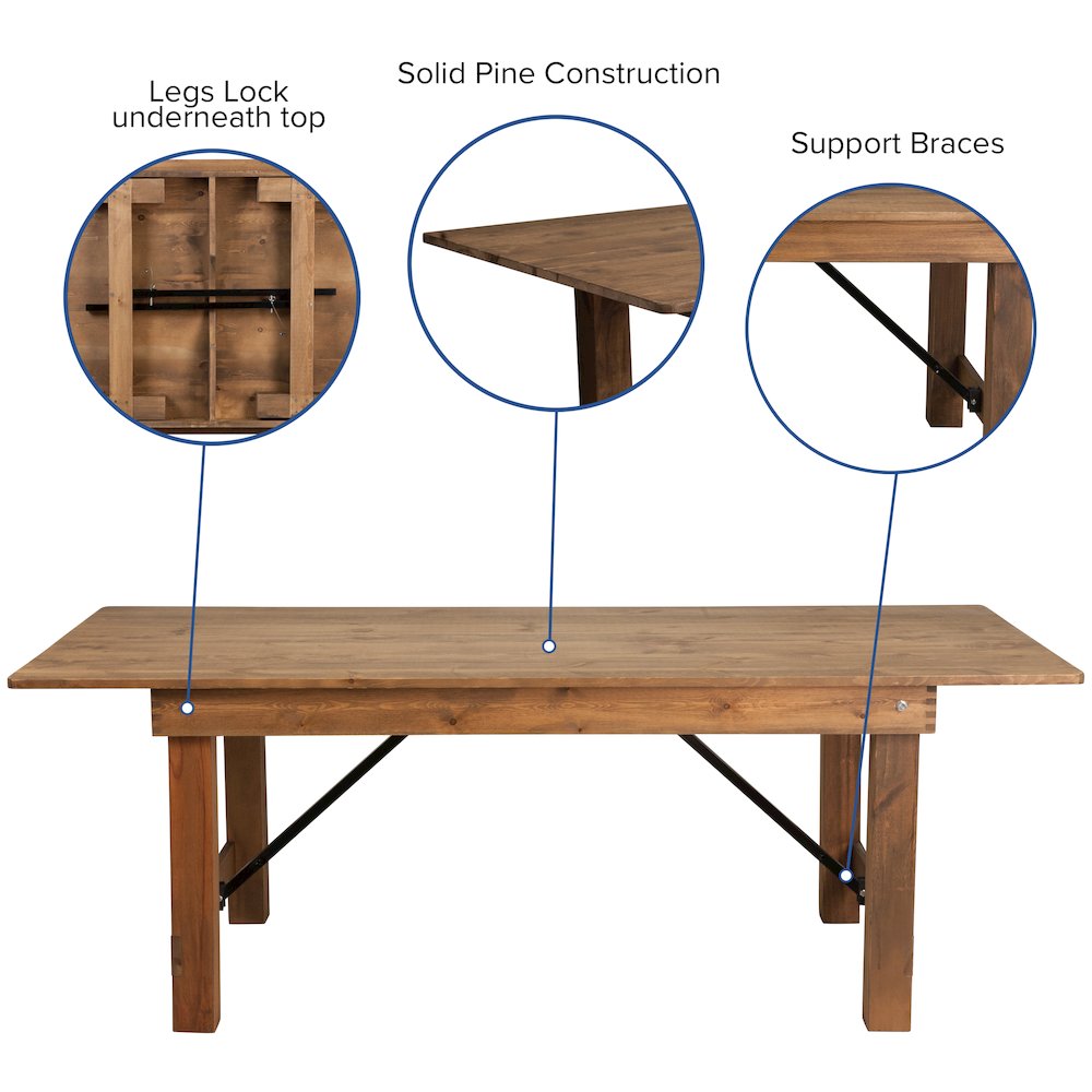 7' x 40'' Antique Folding Farm Table Set with 6 Cross Back Chairs and Cushions