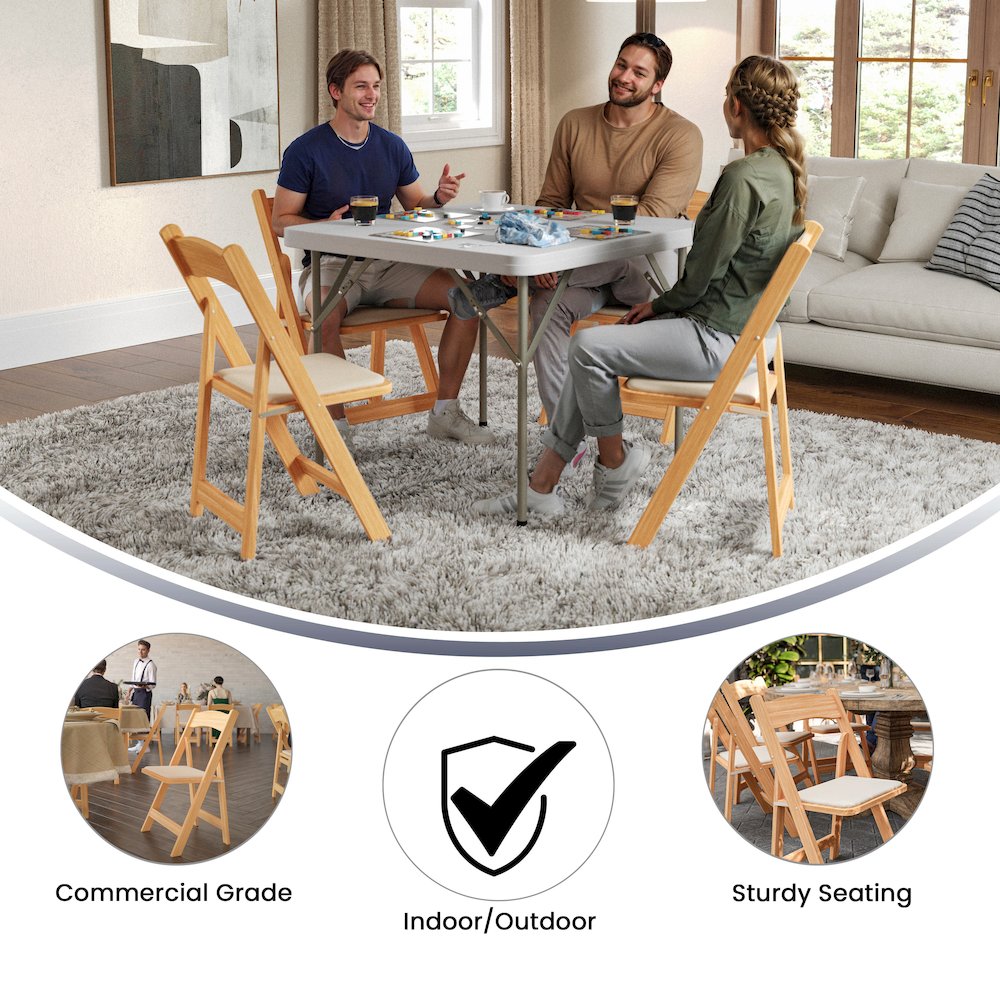 2 Pack HERCULES Series Natural Wood Folding Chair with Vinyl Padded Seat