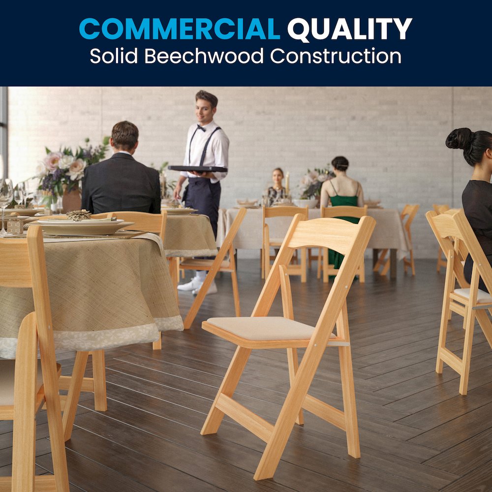2 Pack HERCULES Series Natural Wood Folding Chair with Vinyl Padded Seat