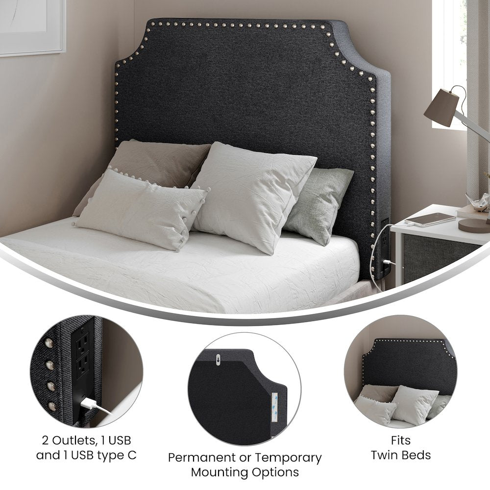 Twin Headboard with Two Power Outlets, USB Port, and USB Type-C Port, Gray Linen