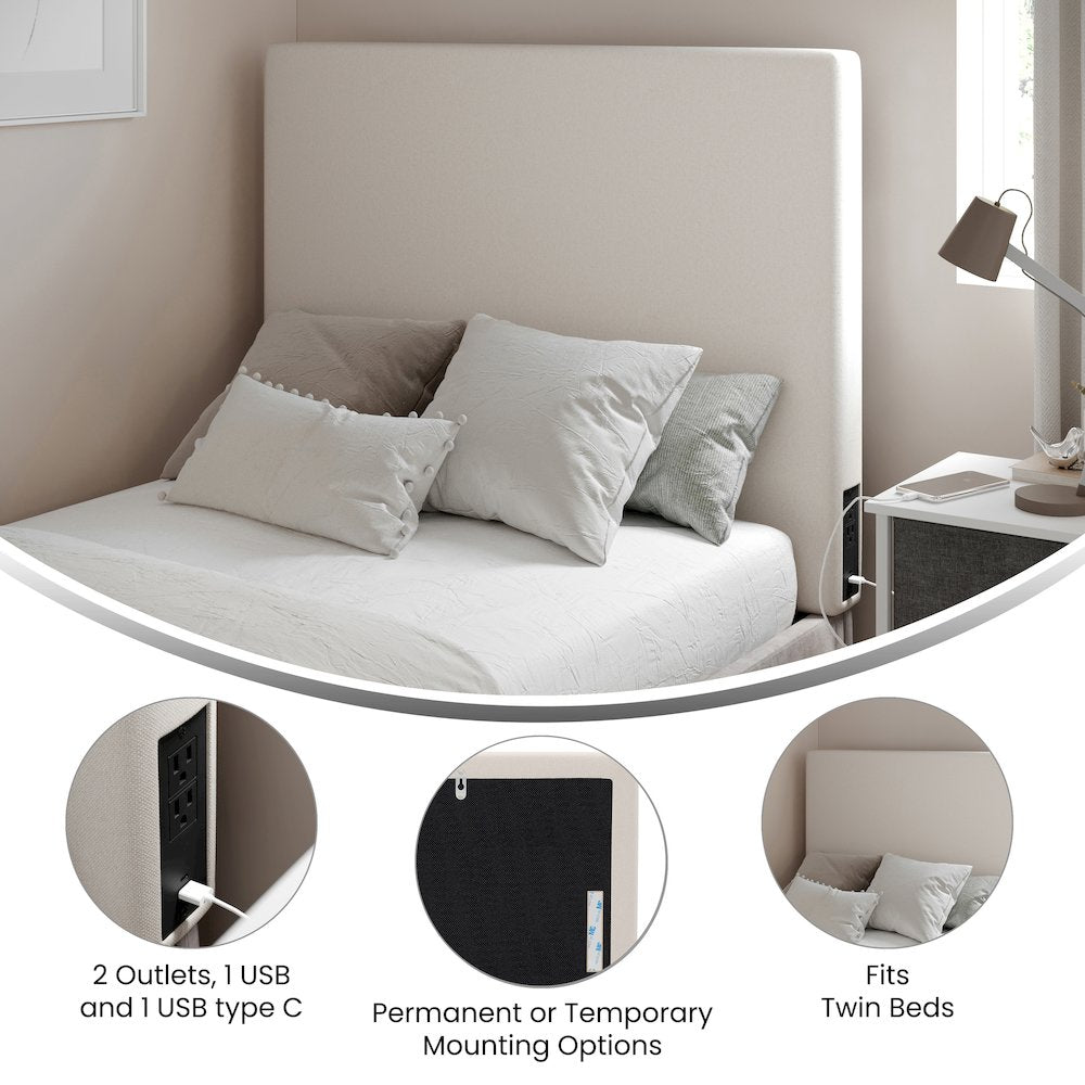 Upholstered Twin Headboard with Two Power Outlets, USB Port, Beige