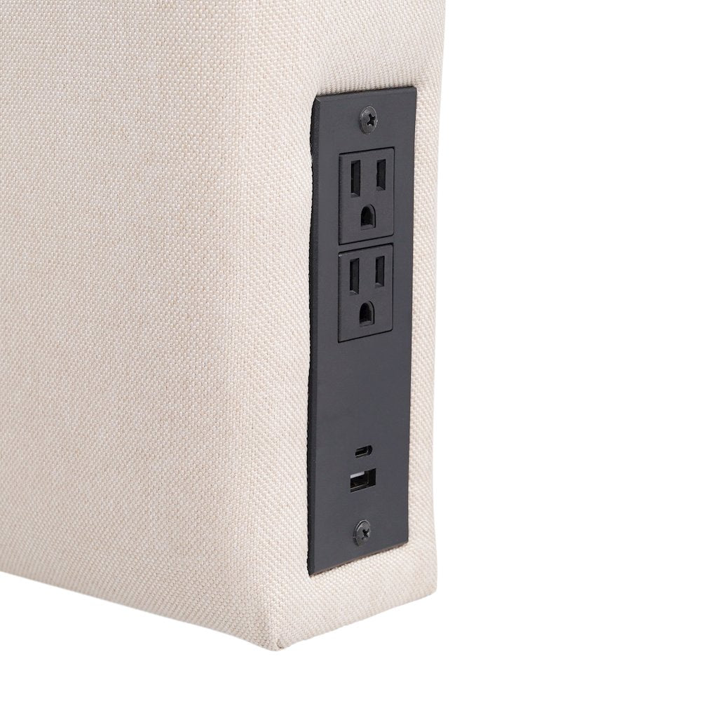 Upholstered Twin Headboard with Two Power Outlets, USB Port, Beige