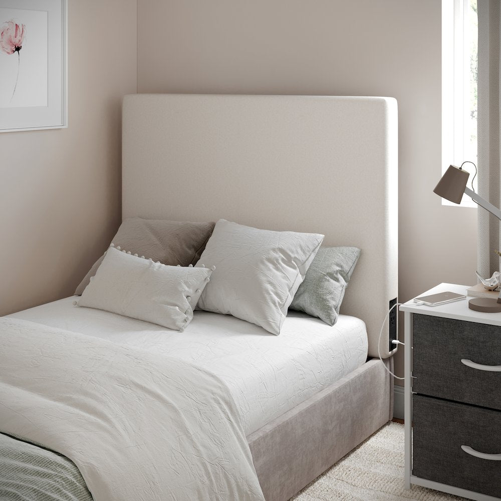 Upholstered Twin Headboard with Two Power Outlets, USB Port, Beige