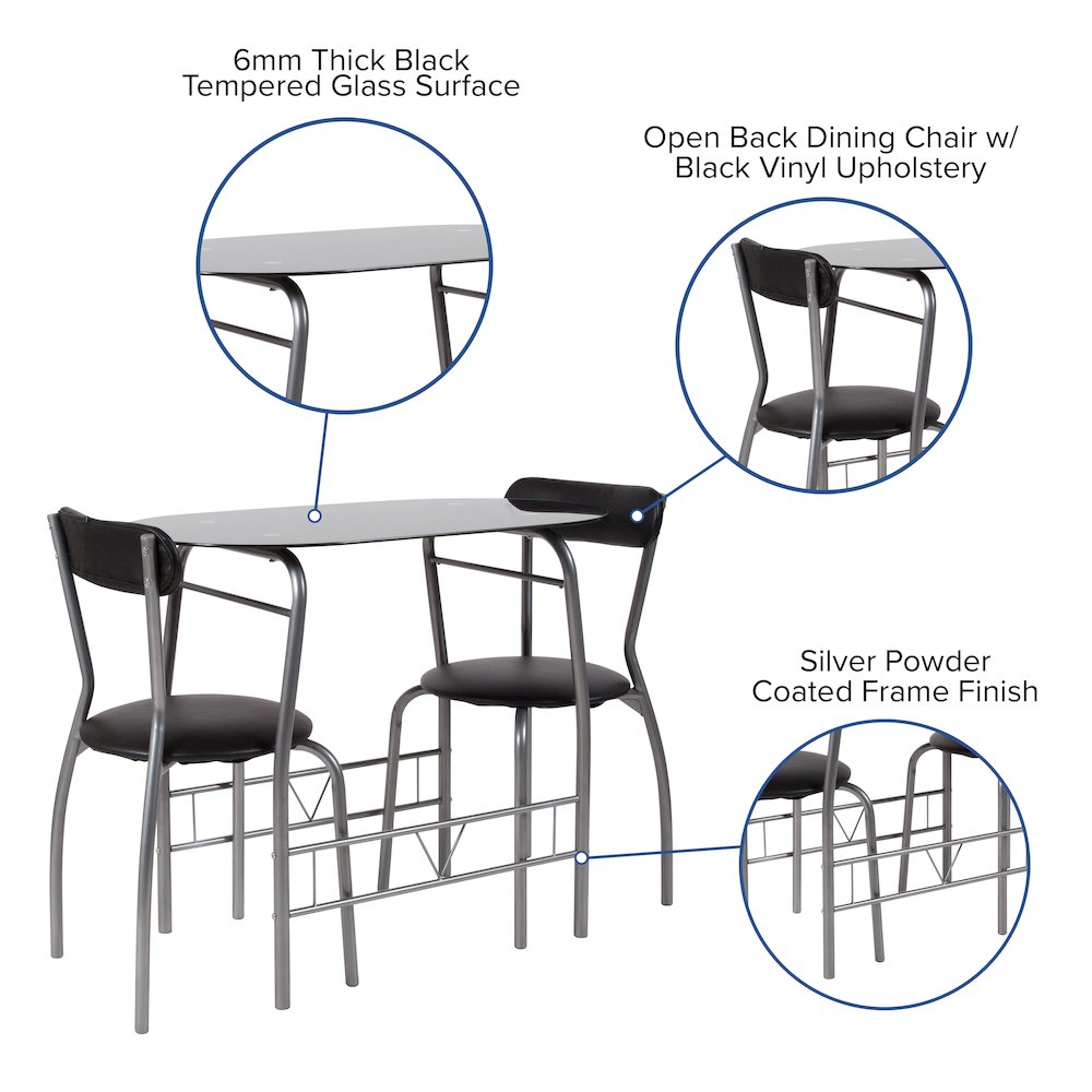 3 Piece Space-Saver Bistro Set with Black Glass Top Table and Black Vinyl Padded Chairs
