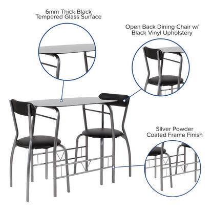 3 Piece Space-Saver Bistro Set with Black Glass Top Table and Black Vinyl Padded Chairs