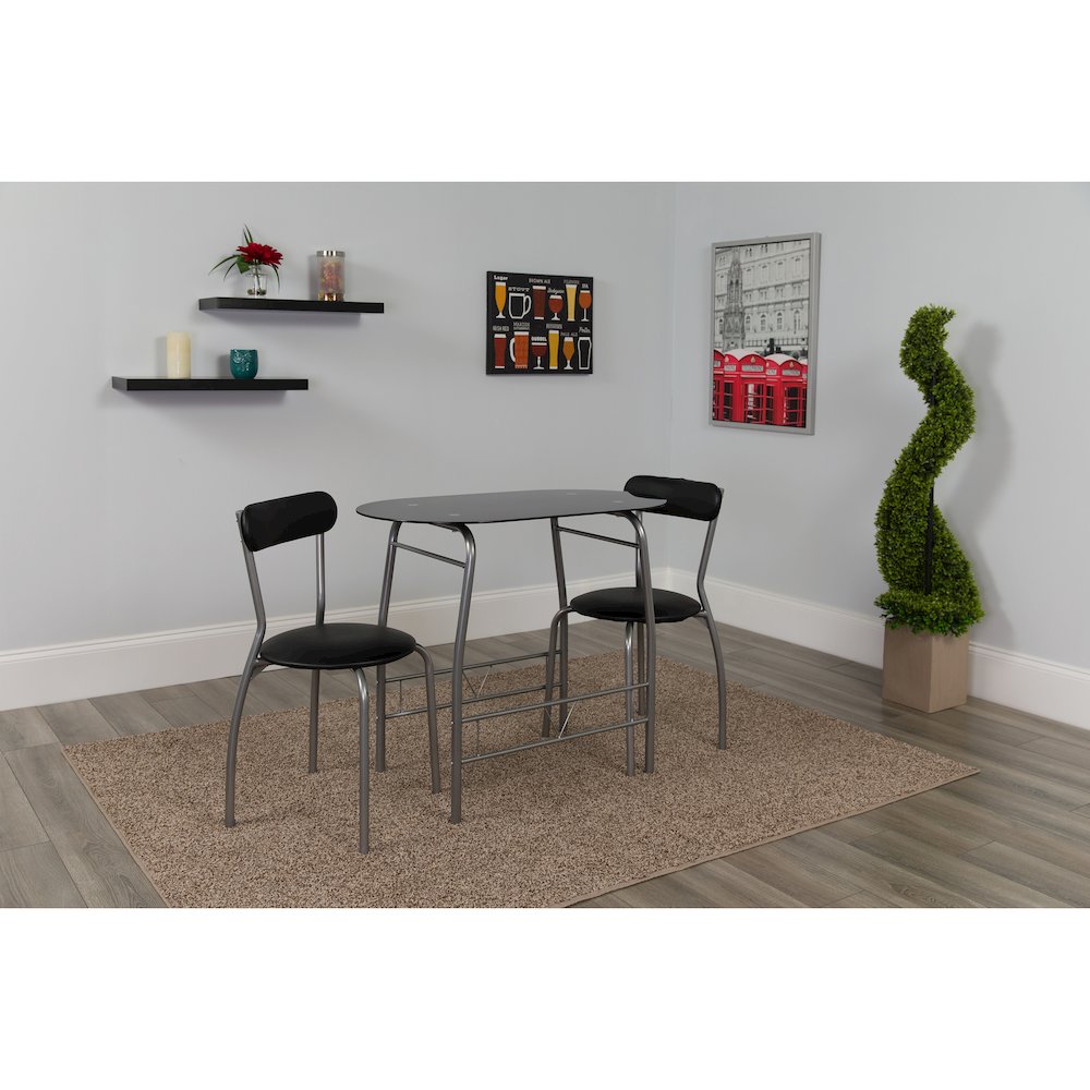 3 Piece Space-Saver Bistro Set with Black Glass Top Table and Black Vinyl Padded Chairs