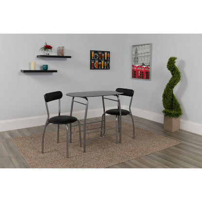 3 Piece Space-Saver Bistro Set with Black Glass Top Table and Black Vinyl Padded Chairs