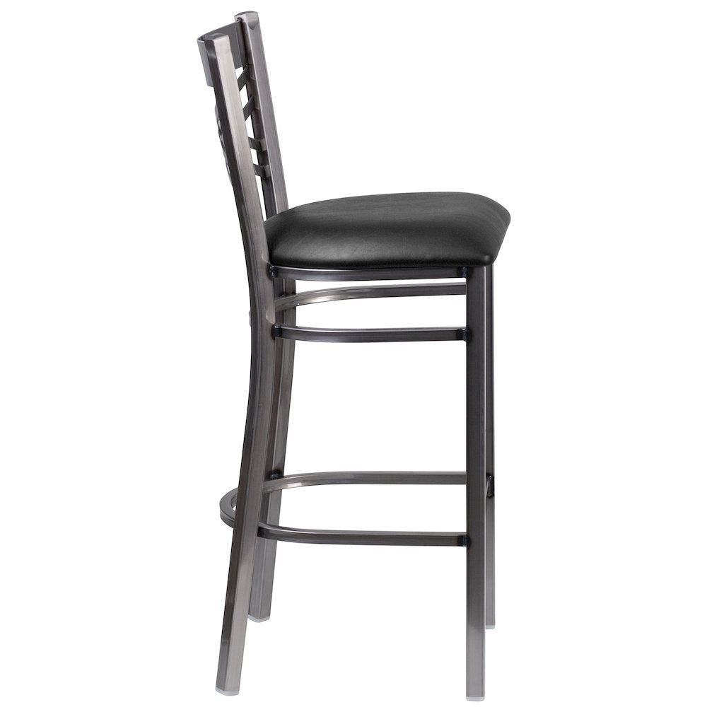 Clear Coated ''X'' Back Metal Restaurant Barstool - Black Vinyl Seat