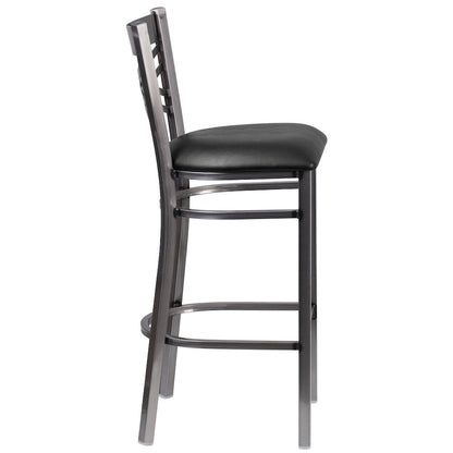 Clear Coated ''X'' Back Metal Restaurant Barstool - Black Vinyl Seat
