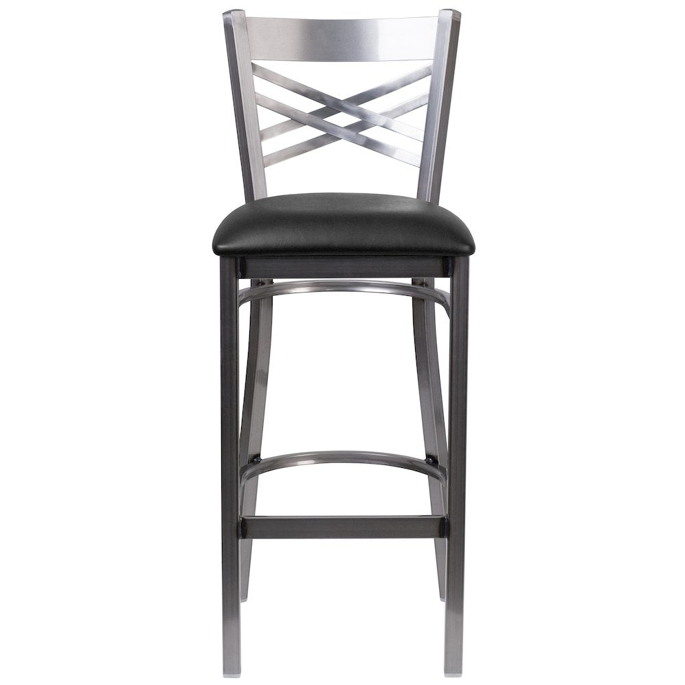 Clear Coated ''X'' Back Metal Restaurant Barstool - Black Vinyl Seat
