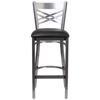 Clear Coated ''X'' Back Metal Restaurant Barstool - Black Vinyl Seat