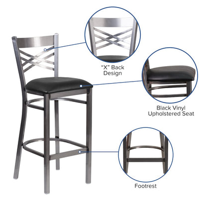 Clear Coated ''X'' Back Metal Restaurant Barstool - Black Vinyl Seat