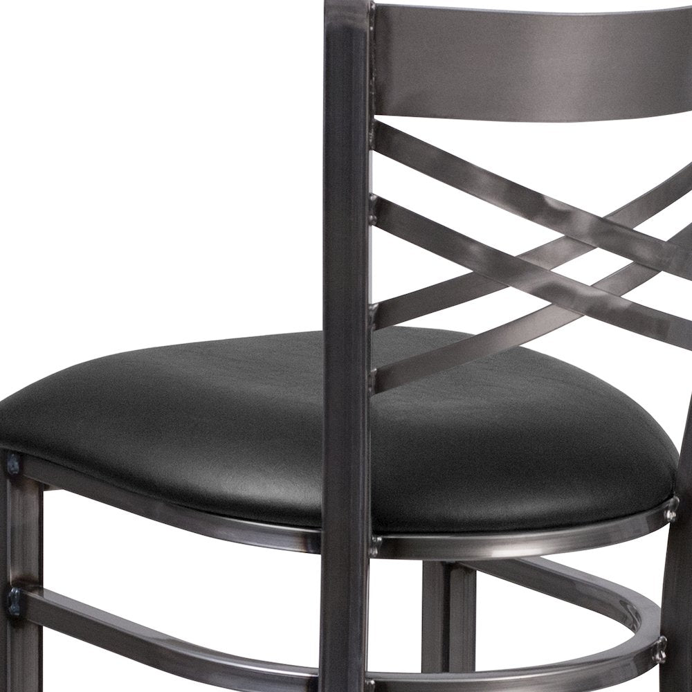 Clear Coated ''X'' Back Metal Restaurant Barstool - Black Vinyl Seat