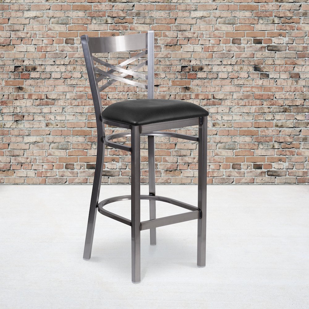 Clear Coated ''X'' Back Metal Restaurant Barstool - Black Vinyl Seat