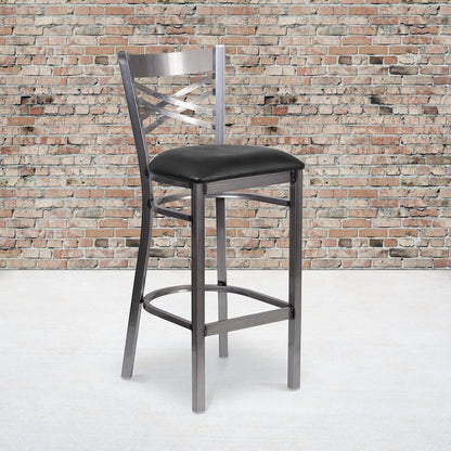 Clear Coated ''X'' Back Metal Restaurant Barstool - Black Vinyl Seat