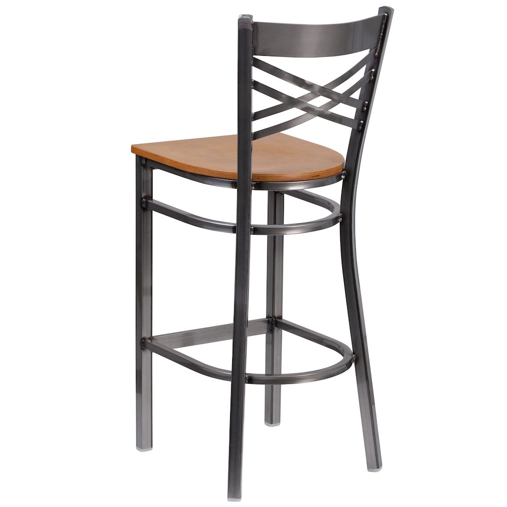 Clear Coated ''X'' Back Metal Restaurant Barstool - Natural Wood Seat
