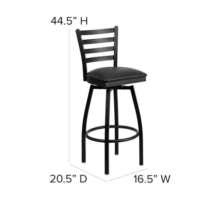 Black Ladder Back Swivel Metal Barstool - Black Vinyl Seat